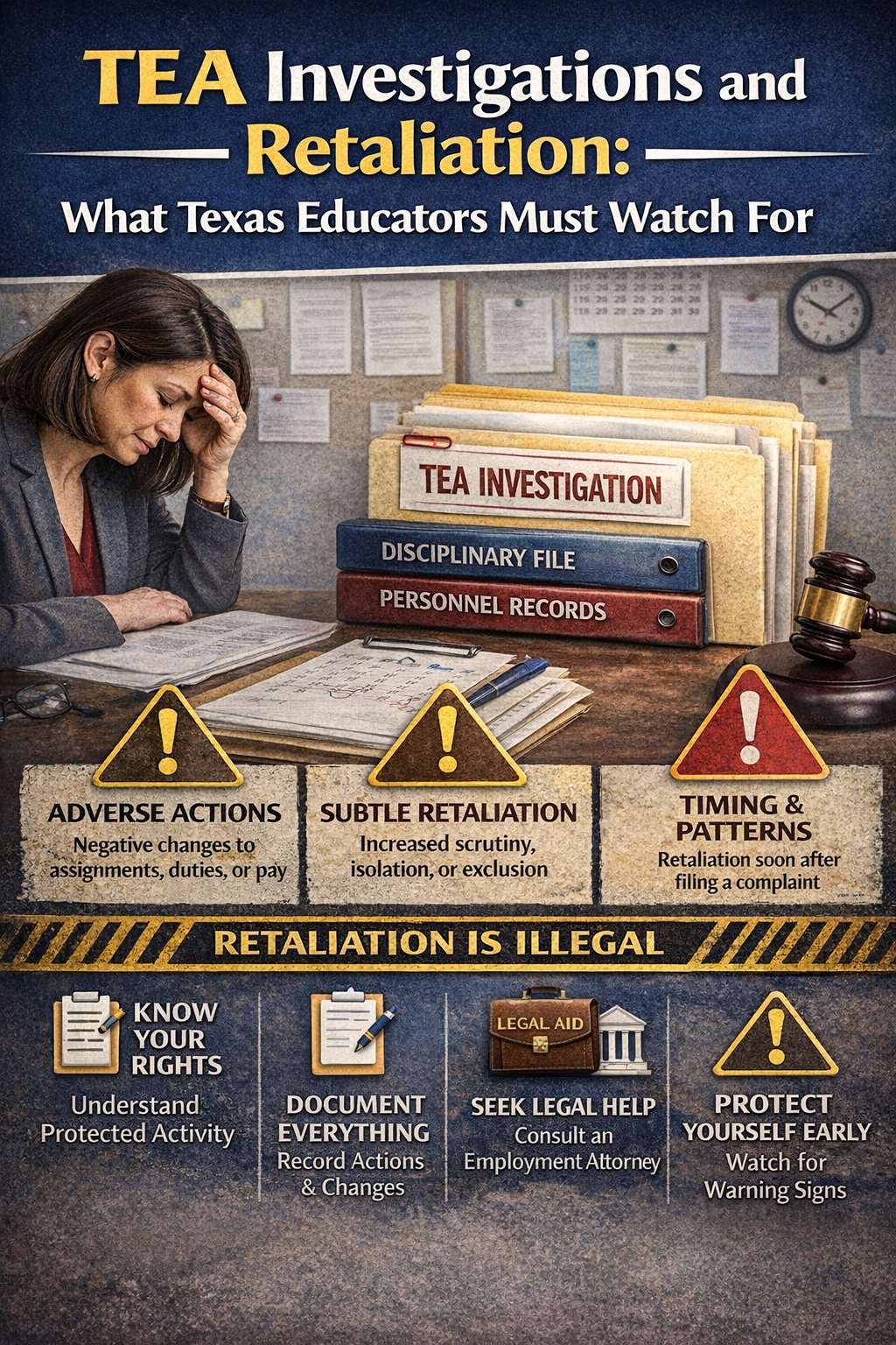 TEA Investigations and Retaliation: What Texas Educators Must Watch For,” showing a stressed teacher beside files labeled “TEA Investigation,” with warning icons highlighting adverse actions, subtle retaliation, timing patterns, and reminders that retaliation is illegal.
