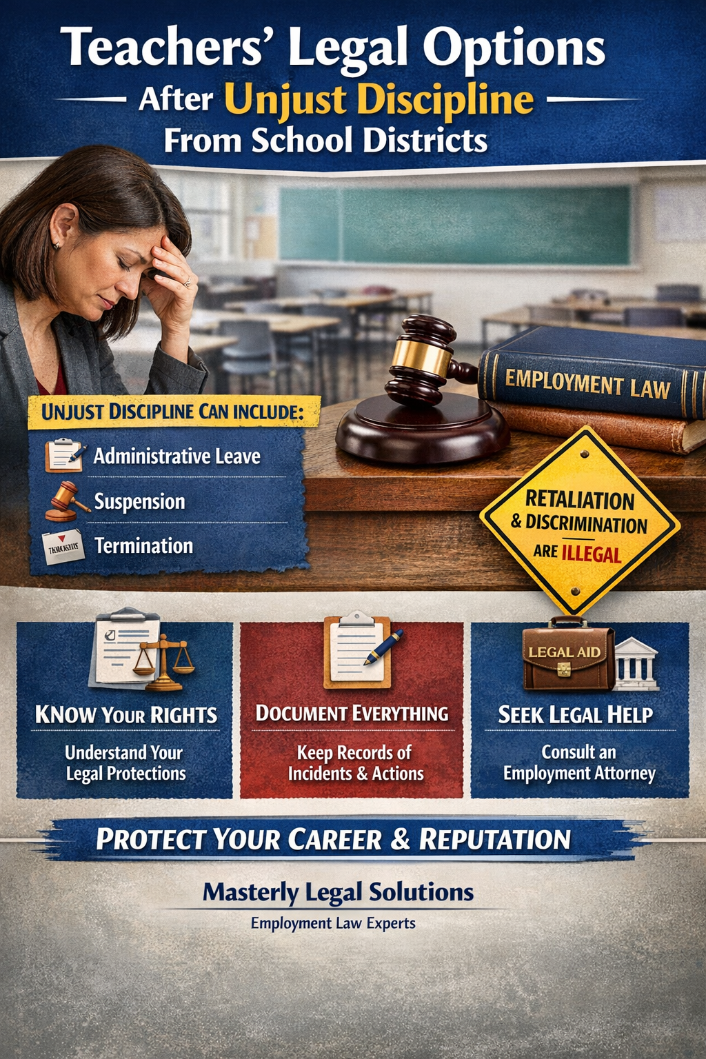 Teachers’ Legal Options After Unjust Discipline From School Districts,” showing a stressed teacher in an empty classroom alongside a judge’s gavel and an employment law book. The image highlights examples of unjust discipline such as administrative leave, suspension, and termination, and emphasizes that retaliation and discrimination are illegal. Icons and text encourage teachers to know their rights, document everything, and seek legal help, with branding for Masterly Legal Solutions at the bottom.