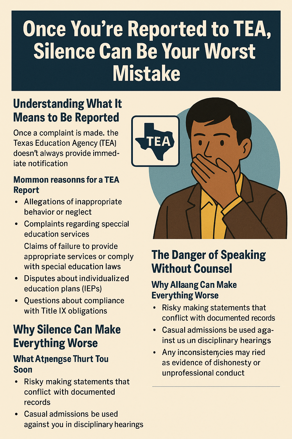Pamphlet titled “Once You’re Reported to TEA, Silence Can Be Your Worst Mistake.” The design has a dark blue banner headline and four sections explaining risks of a Texas Education Agency investigation. On the left, text explains that reports can start without notice and lists common reasons such as inappropriate behavior, special education complaints, and IEP disputes. Other sections warn that silence or speaking without counsel can harm educators by creating inconsistencies, losing evidence, and risking career damage. An illustration shows a worried man in a suit covering his mouth next to a Texas icon labeled “TEA.