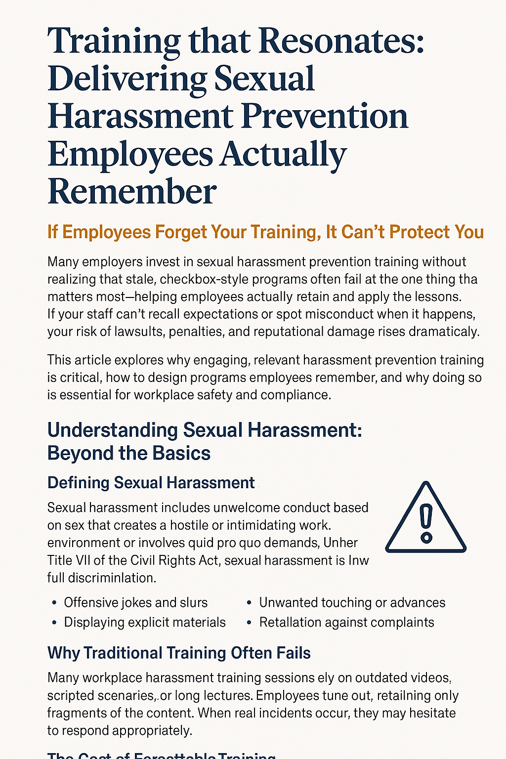 Informational image titled “Training that Resonates: Delivering Sexual Harassment Prevention Employees Actually Remember.” The design includes a bold navy blue headline and an orange subheading reading “If Employees Forget Your Training, It Can’t Protect You.” The text explains that outdated training fails to engage employees, leading to legal and reputational risks. Sections include definitions of sexual harassment, examples such as offensive jokes and unwanted touching, and reasons traditional training often fails. An exclamation point warning icon appears next to the definition section.