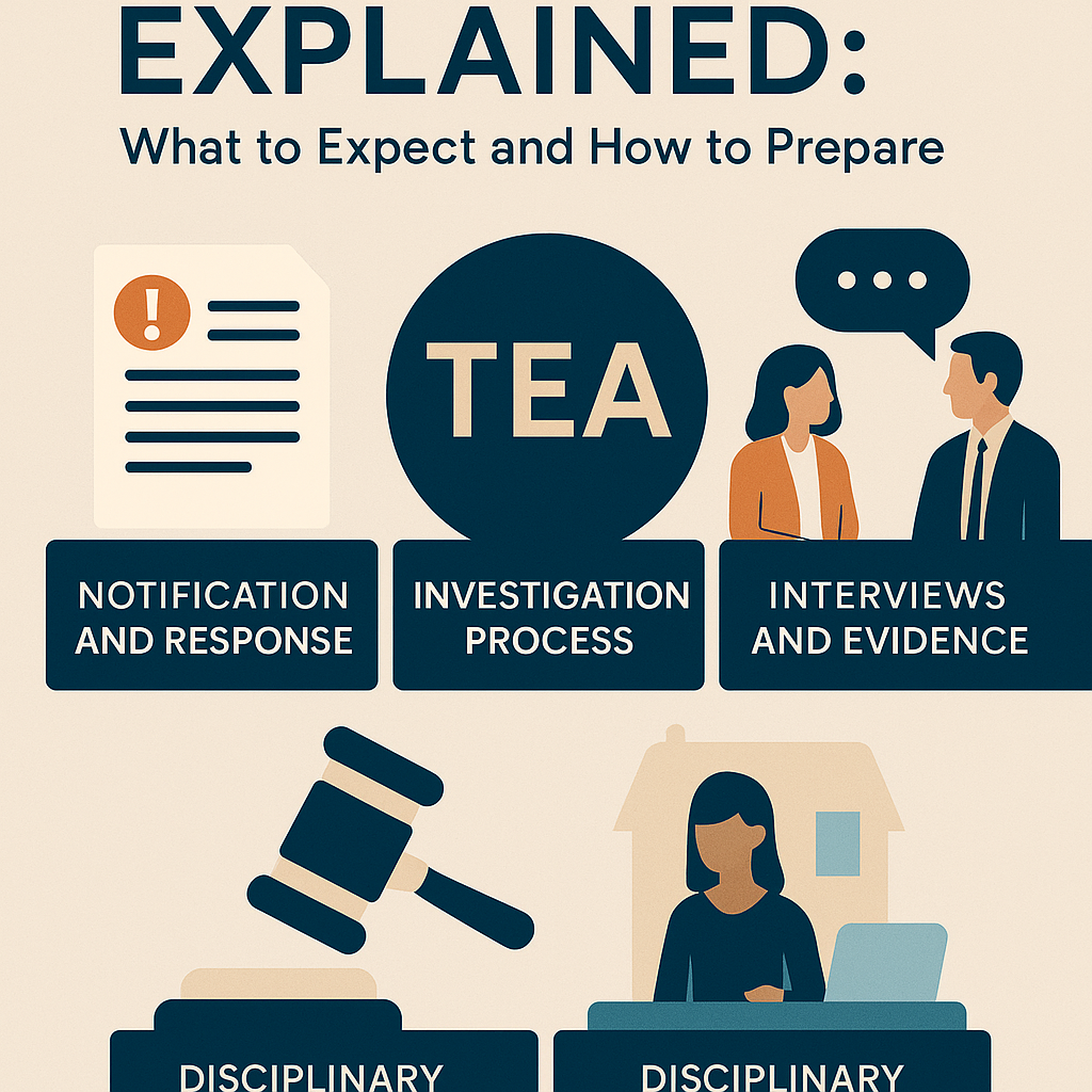 Digital infographic titled “TEA Investigations Explained: What to Expect and How to Prepare.” The design features four sections with icons: a document with an exclamation mark labeled “Notification and Response,” a large dark blue circle with “TEA” text labeled “Investigation Process,” two people with speech bubbles labeled “Interviews and Evidence,” and a gavel plus a person working on a laptop labeled “Disciplinary.” The color scheme includes blue, orange, and beige.