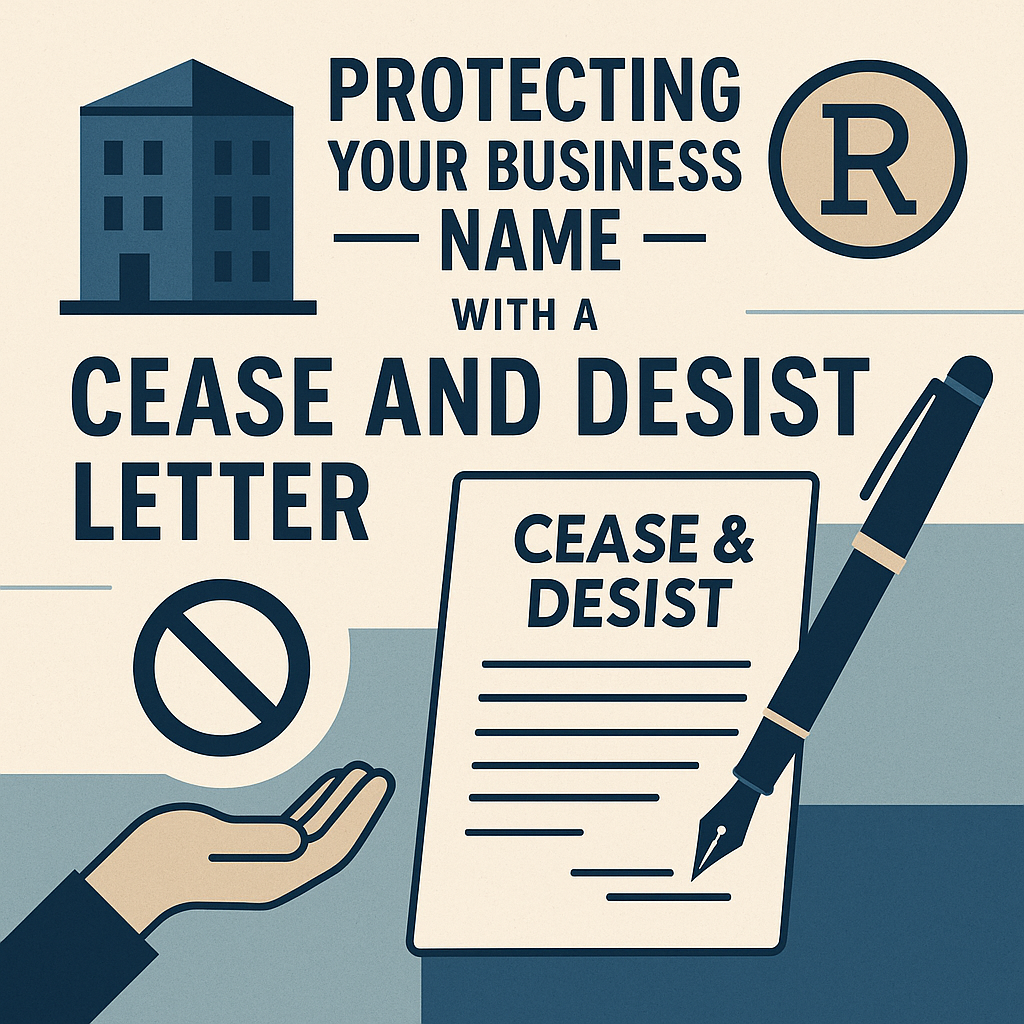 Illustration titled “Protecting Your Business Name with a Cease and Desist Letter.” The design shows four main icons: a stylized blue business building, a registered trademark ® symbol, a large cease and desist letter with a fountain pen, and a prohibition circle over an outstretched hand. The color scheme is blue and beige, with clean lines and clear labels emphasizing trademark protection and legal enforcement.