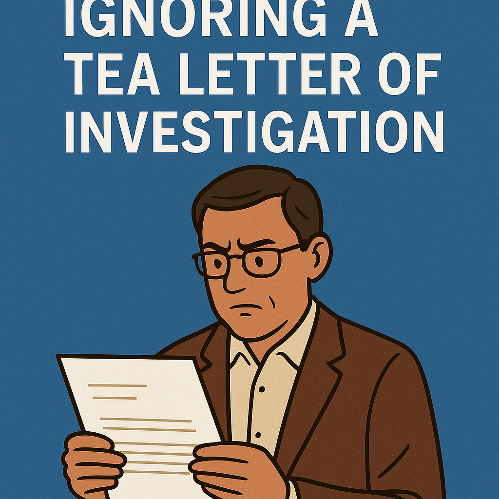 Illustration of a concerned middle-aged man wearing glasses and a brown suit, intently reading a letter held in both hands. Set against a solid blue background, the bold white text above him reads: