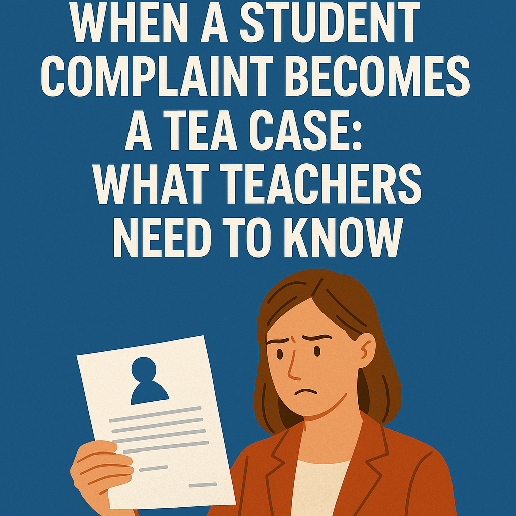 Illustration of a concerned female teacher holding a document with a silhouette profile image, set against a blue background. Above her, bold white text reads: