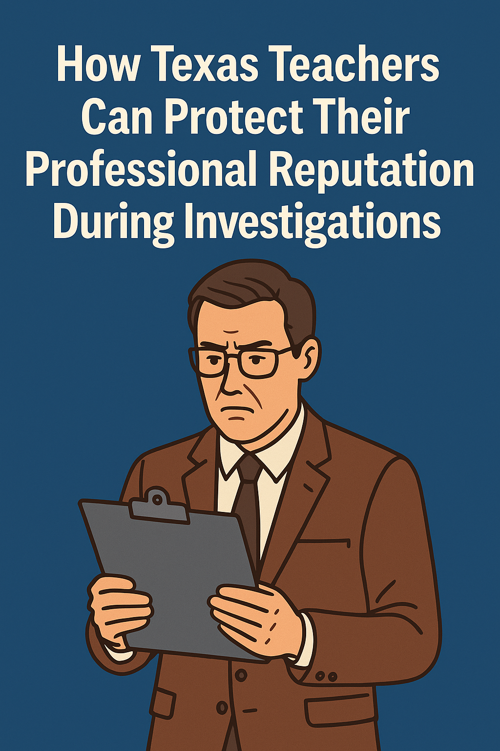 Illustration of a serious-looking male teacher in a brown suit and glasses holding a clipboard, set against a solid blue background. Above him, large white text reads: 