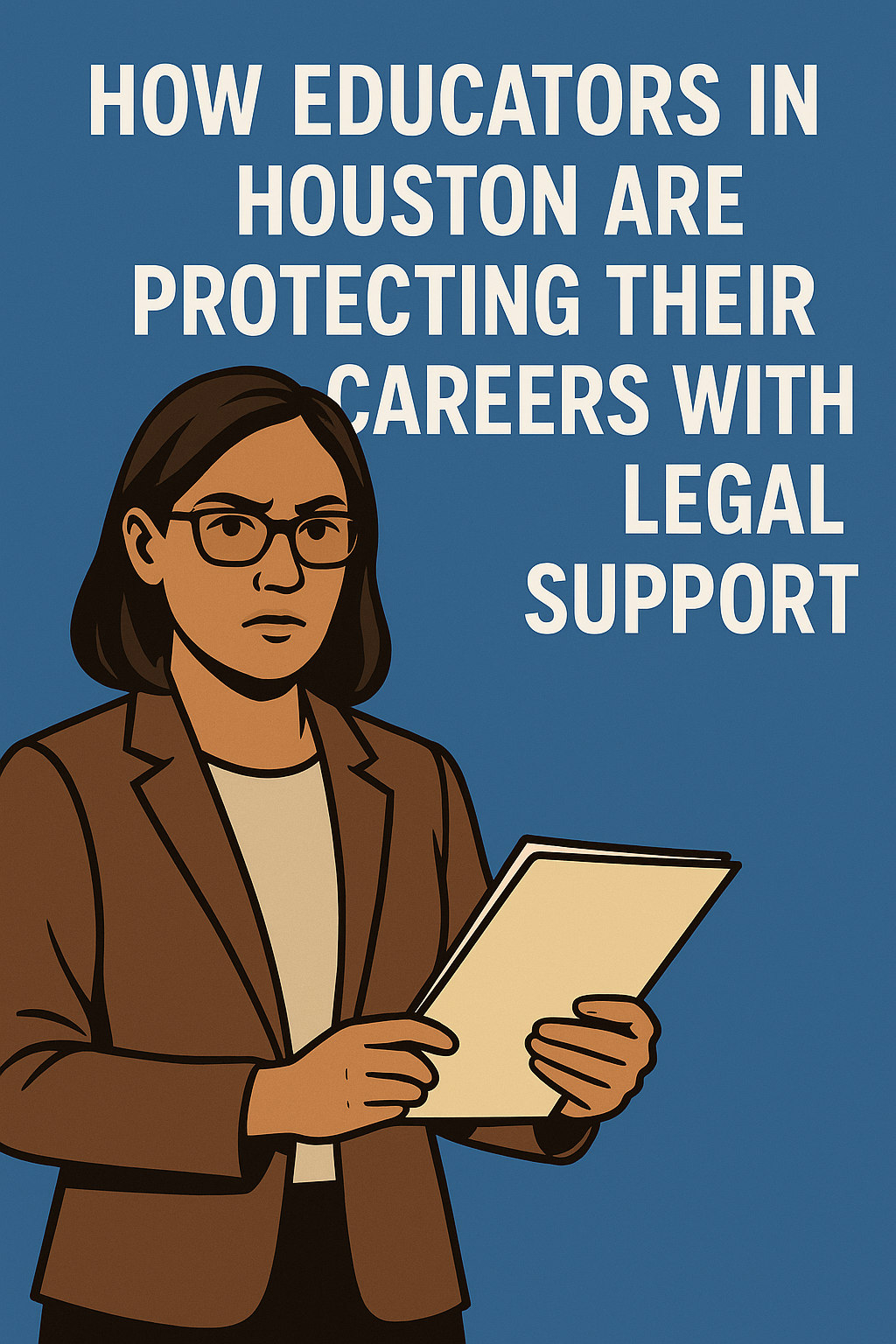 Illustration of a serious-looking female educator with shoulder-length dark brown hair and glasses, wearing a brown blazer and holding a manila folder. She stands against a solid blue background with bold white text above her reading:
