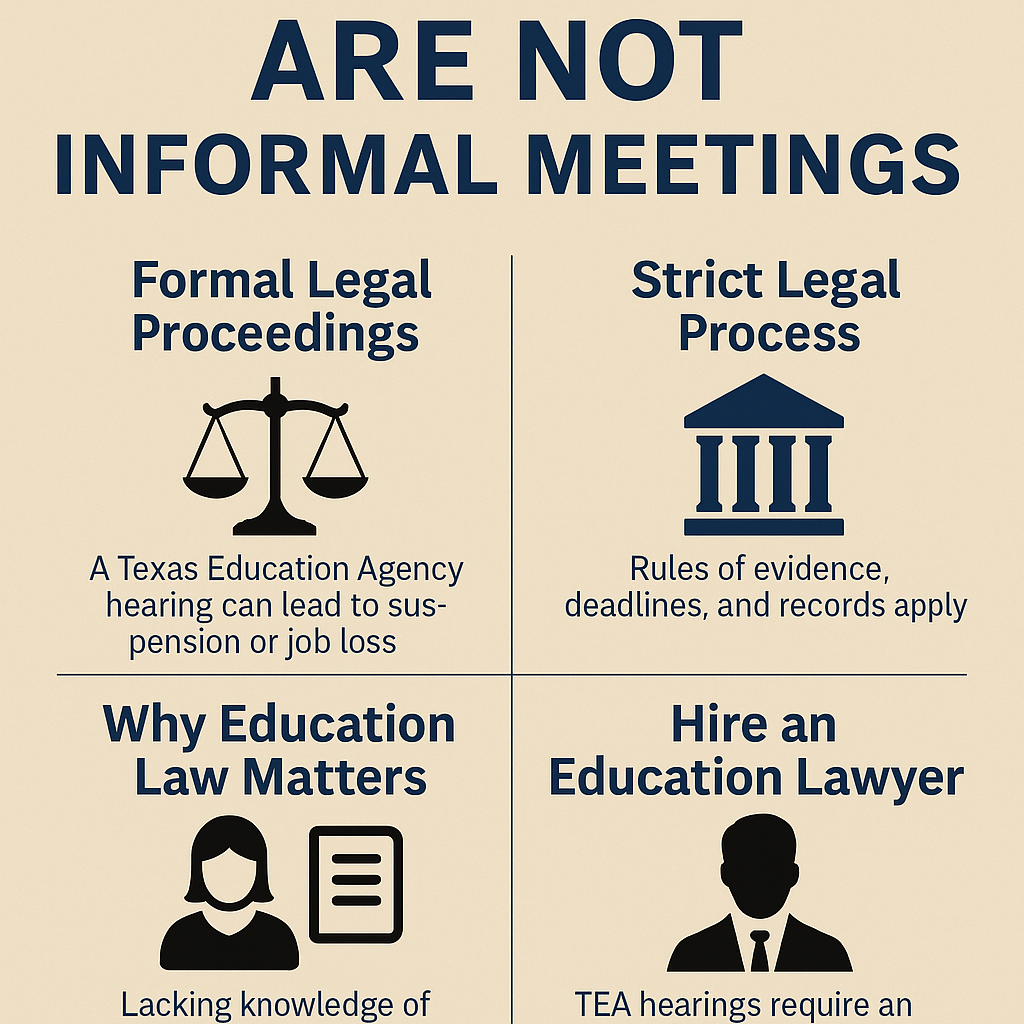 Formal Legal Proceedings – Includes a justice scale icon; explains that TEA hearings can result in suspension or job loss.