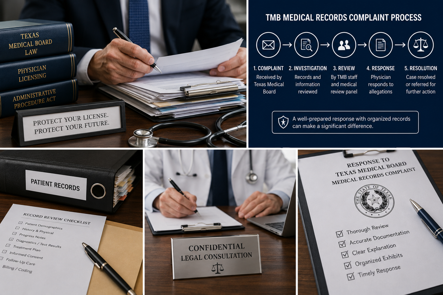 Supporting images should prioritize credibility, process clarity, and client relevance. Texas Medical Board medical records complaint