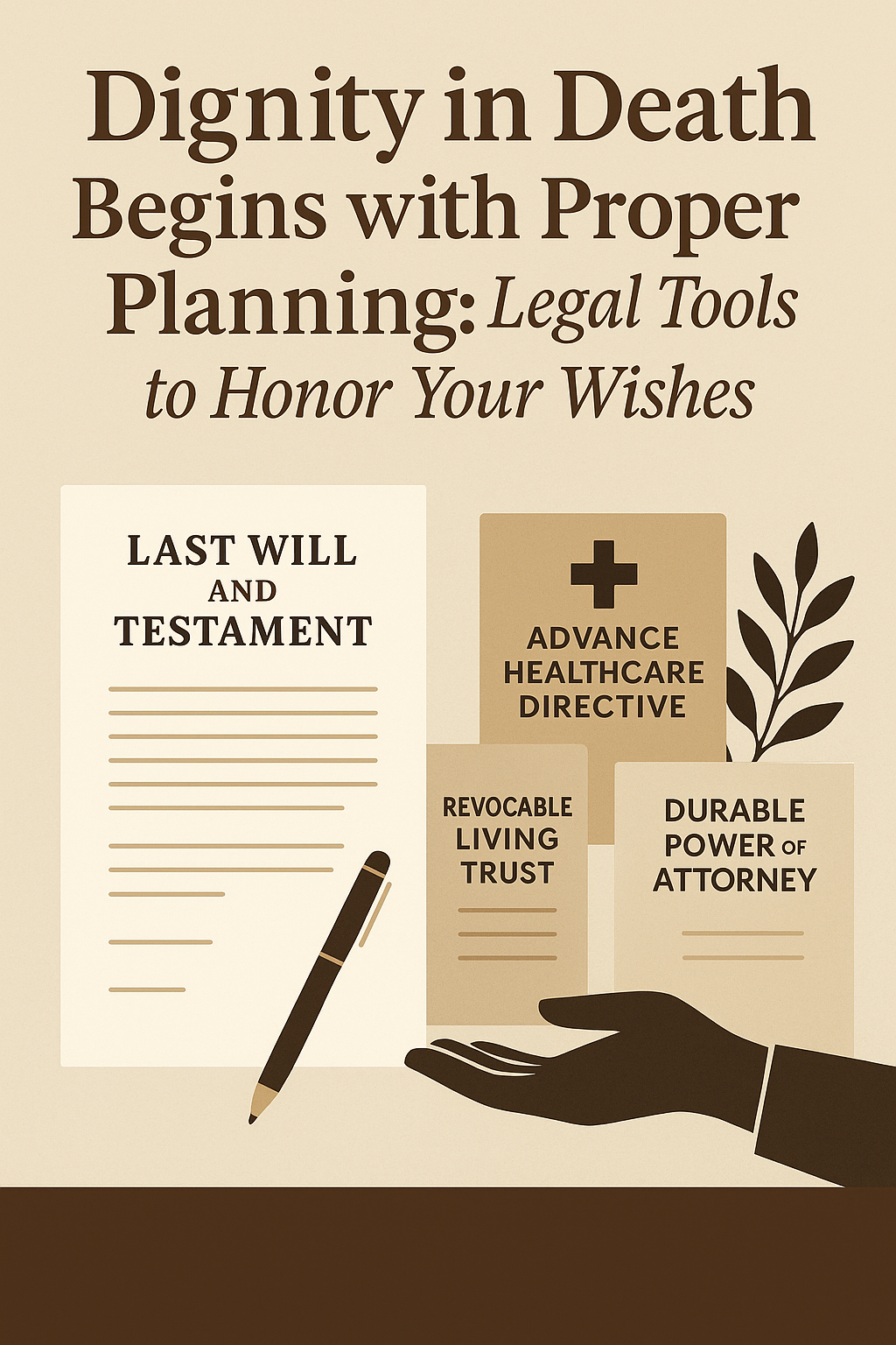 Informational poster titled “Dignity in Death Begins with Proper Planning: Legal Tools to Honor Your Wishes” on a beige background. The poster displays four key legal documents—Last Will and Testament, Advance Healthcare Directive, Revocable Living Trust, and Durable Power of Attorney—each represented by minimalist paper icons. A pen lies beside the Last Will, and a stylized hand reaches out beneath the documents, symbolizing guidance and support. A small branch with leaves adds a natural, compassionate touch.