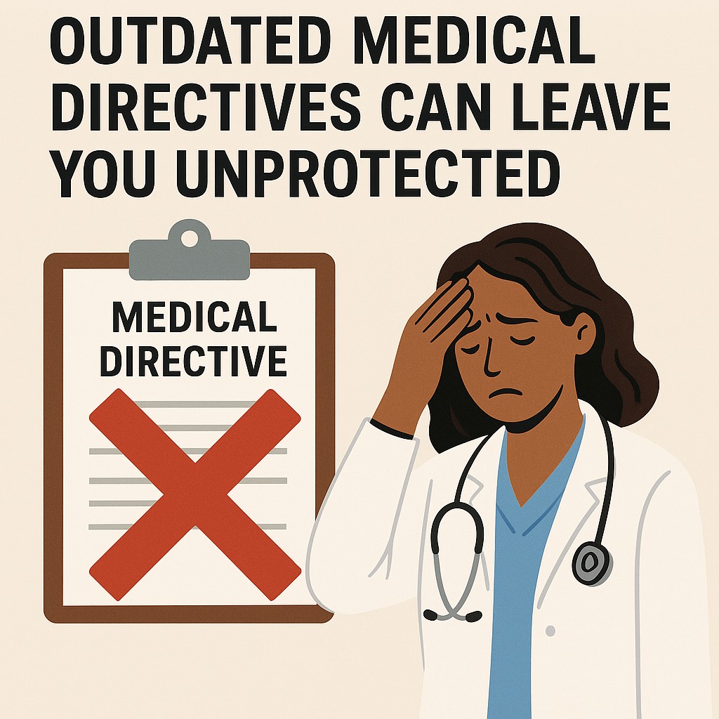 A digital illustration with the headline “Outdated Medical Directives Can Leave You Unprotected” in bold black letters. On the left, a medical directive form is marked with a large red 'X'. On the right, a concerned female doctor with a stethoscope holds her forehead in worry, emphasizing the consequences of outdated healthcare documents.