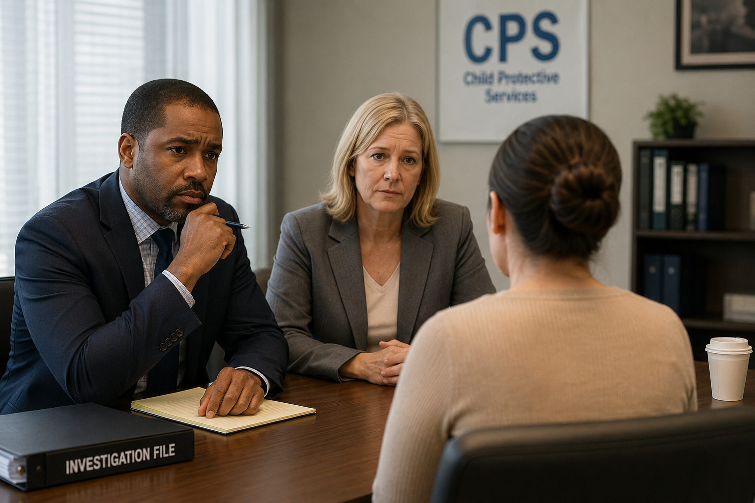 The image shows a serious, professional meeting that conveys the tension and potential career impact of a CPS investigation involving an educator or licensed professional.