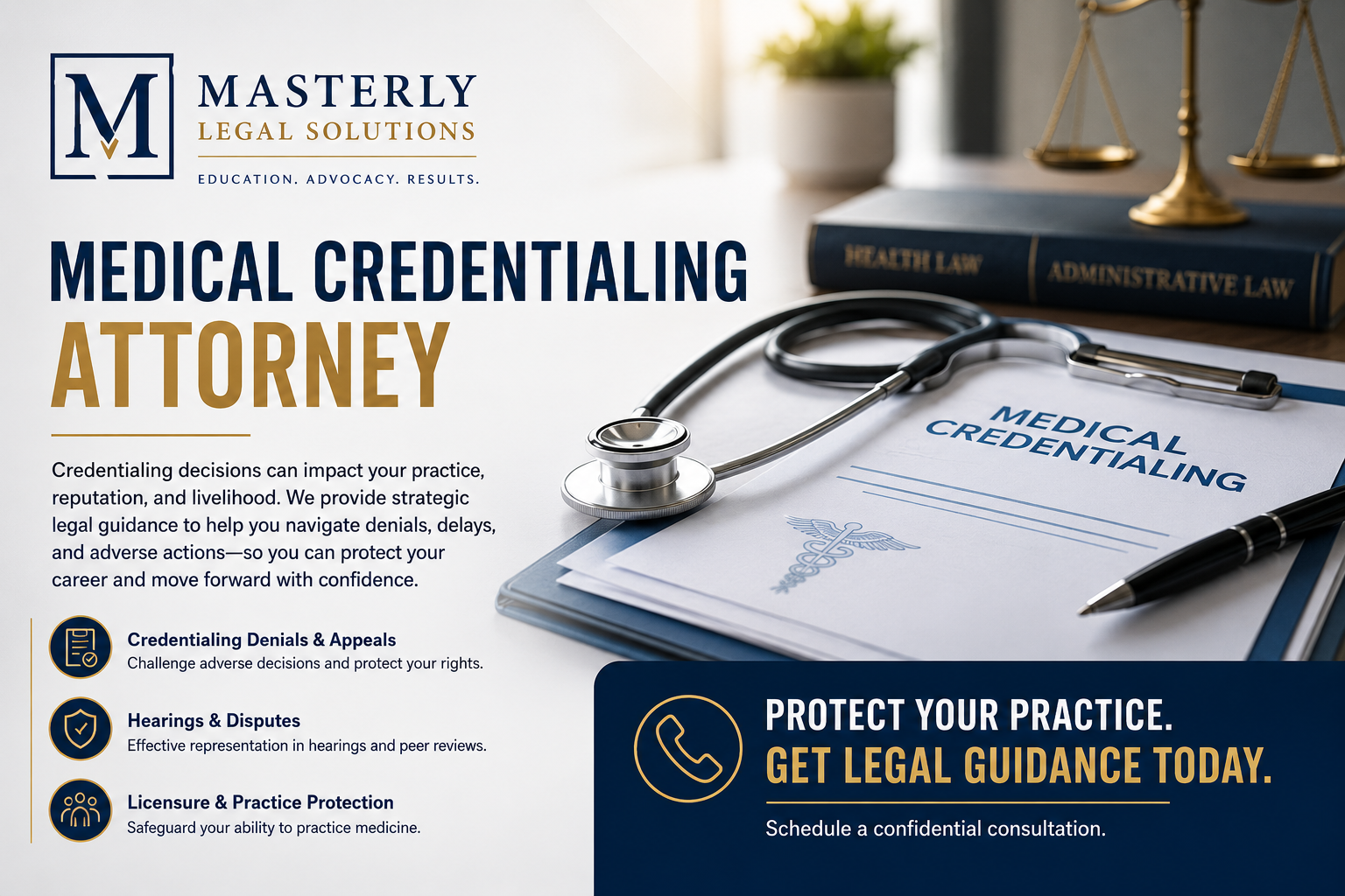 Medical credentialing attorney reviewing physician credentialing documents before hospital privileges decision