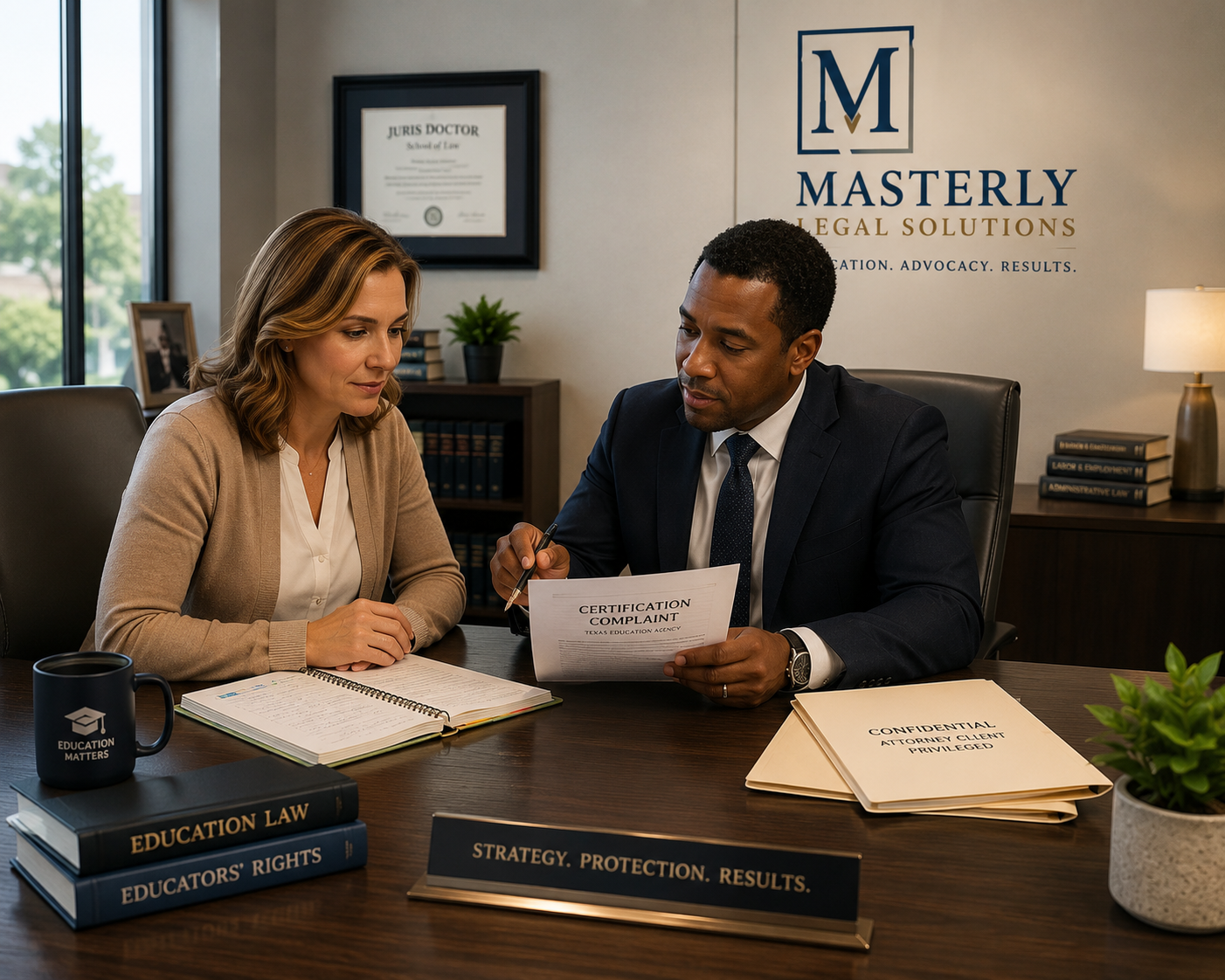 Educator certification attorney reviewing teacher certification complaint with educator in Texas