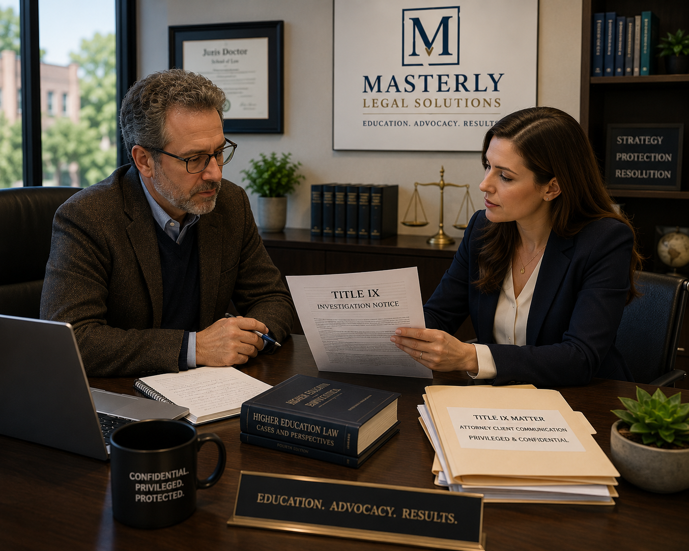 Professor Title IX attorney reviewing university investigation documents with faculty member
