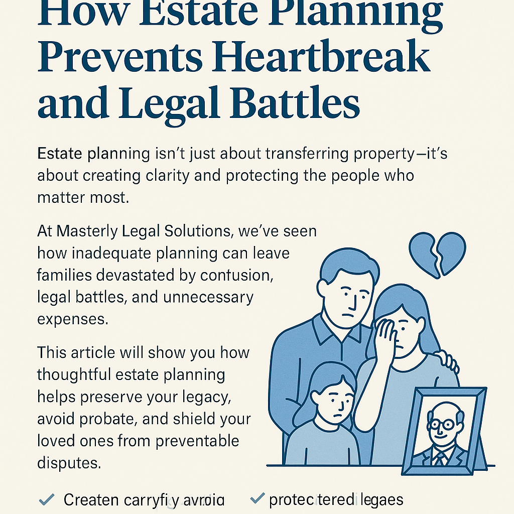Informational graphic titled “How Estate Planning Prevents Heartbreak and Legal Battles.” The text explains that estate planning creates clarity and protects loved ones from confusion, legal battles, and expenses. The illustration shows a grieving family—father, mother, and child—standing beside a framed photo of a deceased loved one, with a broken heart icon above. The bottom section lists benefits of estate planning, including preserving legacy, avoiding probate, and protecting beneficiaries. The design uses a blue and white color scheme with clean, professional typography.