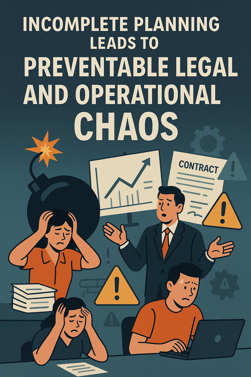 Illustration titled 'Incomplete Planning Leads to Preventable Legal and Operational Chaos' showing distressed business professionals surrounded by warning signs, a ticking bomb, legal documents, and charts to symbolize the consequences of lacking legal structure in business planning.