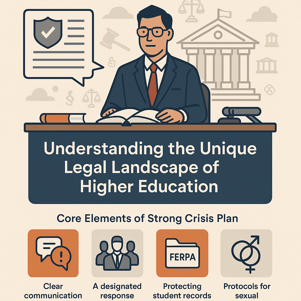 Infographic titled 'Understanding the Unique Legal Landscape of Higher Education' featuring a lawyer at a desk with legal symbols in the background. Below the title are four icons representing core elements of a strong crisis plan: clear communication, a designated response team, protecting student records (FERPA), and protocols for sexual harassment.