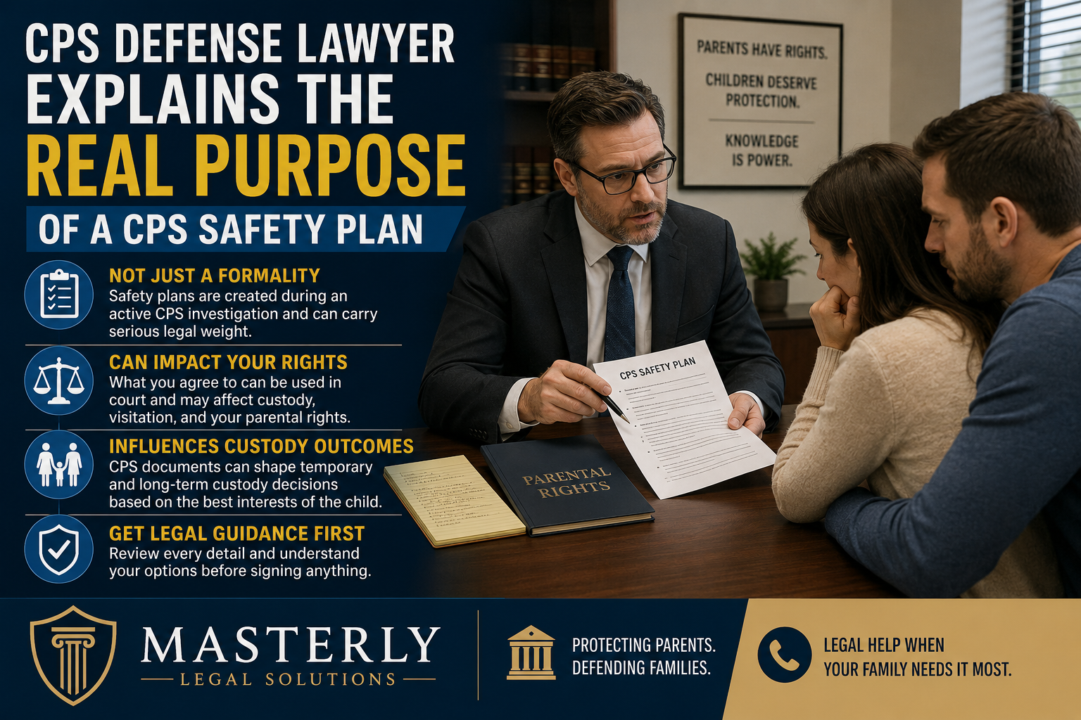 CPS Defense Lawyer Explains the Real Purpose of a CPS Safety Plan,” showing a lawyer discussing a CPS safety plan document with a concerned couple in an office setting, alongside key points about CPS investigations, parental rights, custody impact, and the importance of seeking legal guidance before signing agreements.