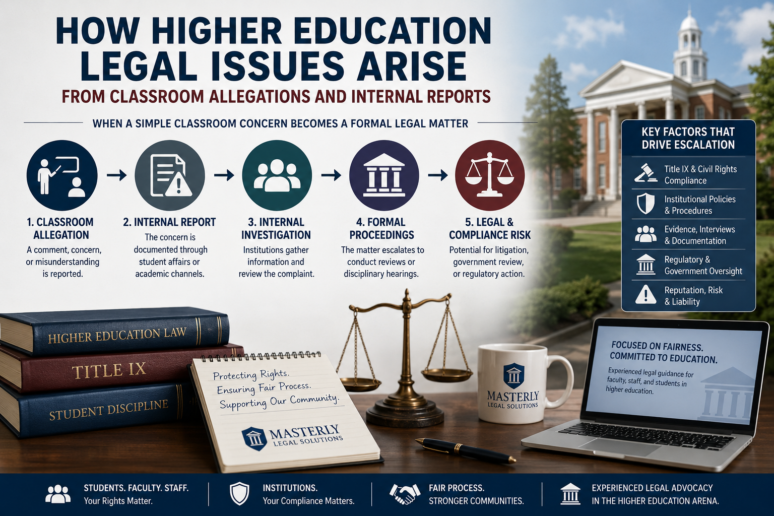 Higher education attorney reviewing a university internal investigation involving classroom allegations, student complaints, and Title IX compliance proceedings.