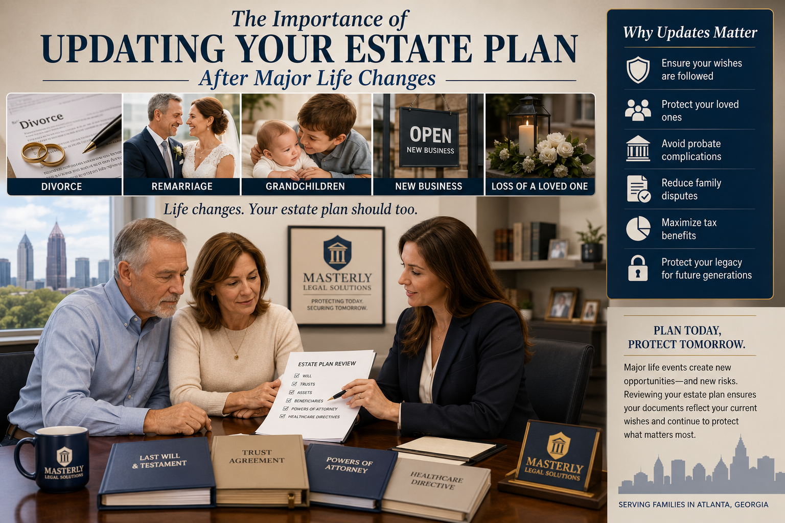 Estate planning attorney meeting with a family to review and update wills, trusts, powers of attorney, and beneficiary designations after major life changes such as divorce, remarriage, new grandchildren, business ownership, and the loss of a loved one.