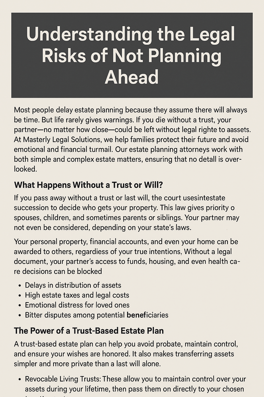 A professional flyer by Masterly Legal Solutions titled