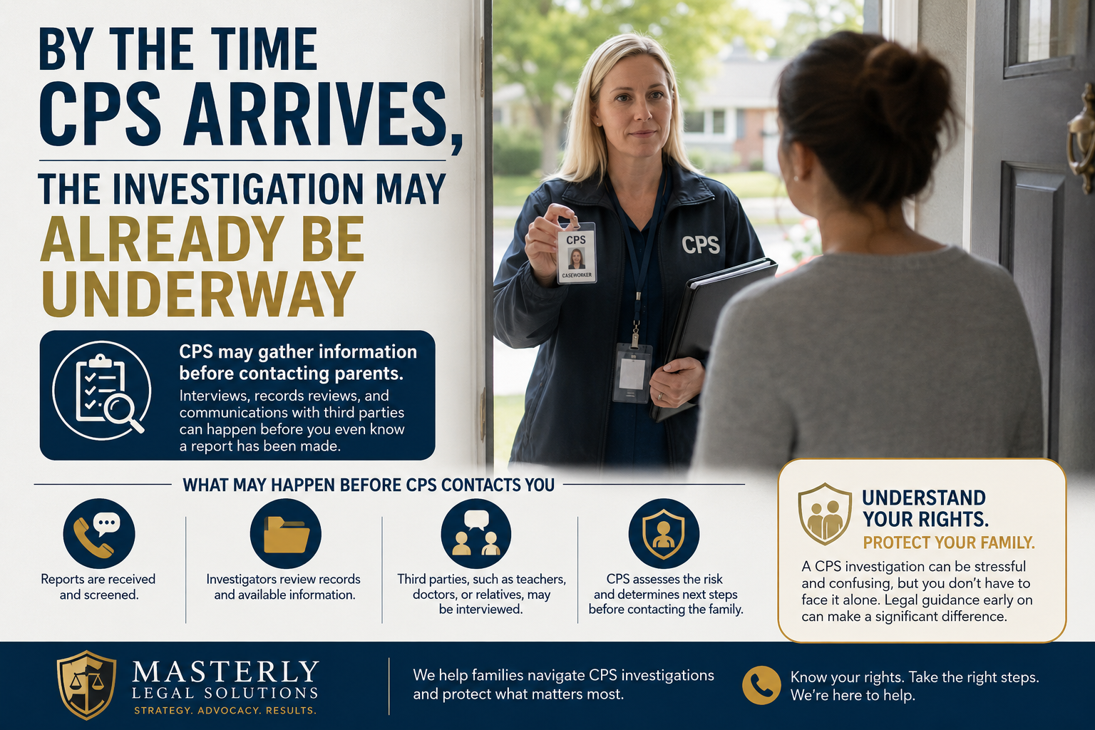 CPS caseworker speaking with a parent at the front door, illustrating how a Child Protective Services investigation may begin before families are contacted.