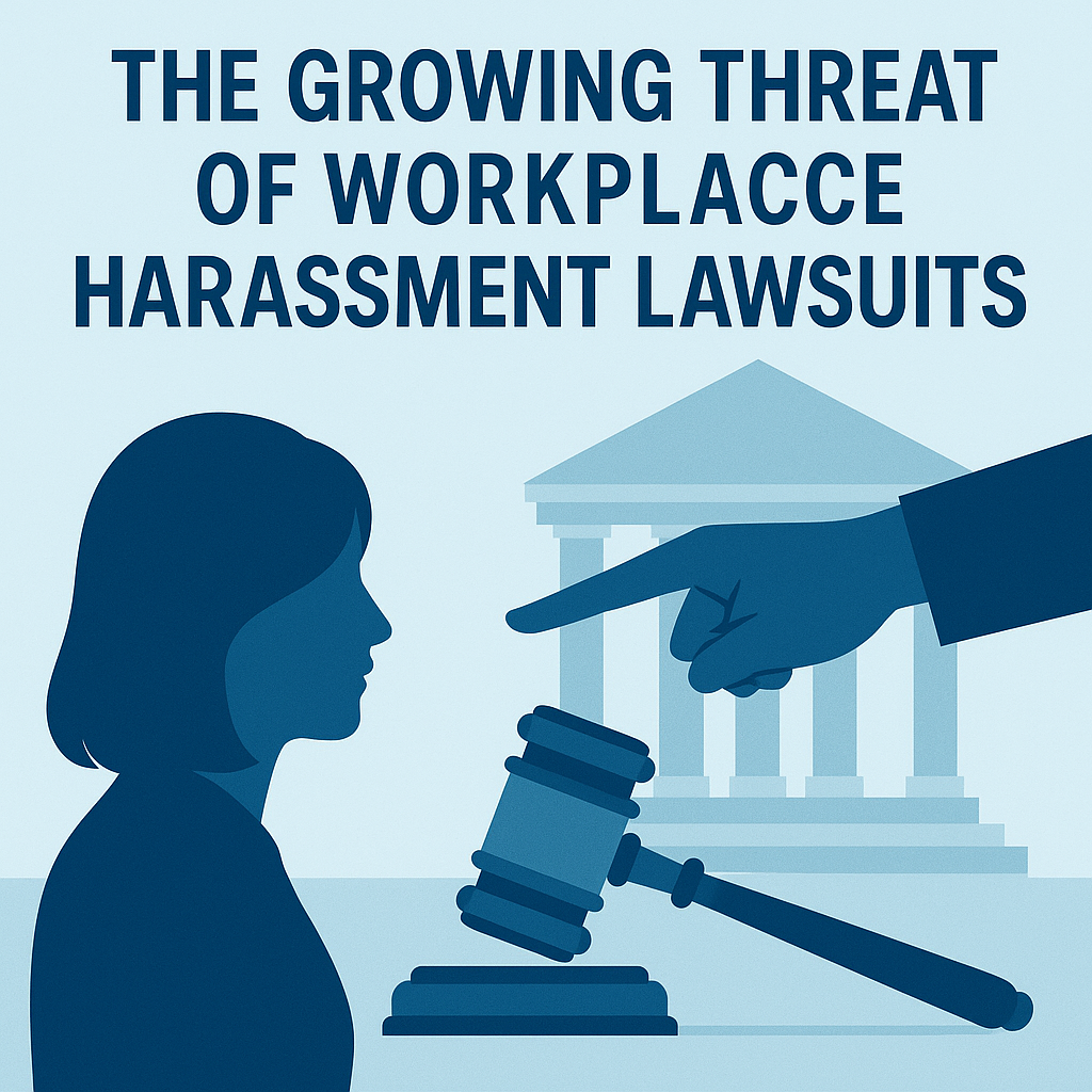 Illustration showing the threat of workplace harassment lawsuits. A bold headline reads “The Growing Threat of Workplace Harassment Lawsuits” above a stylized image of a woman’s silhouette facing a large pointing hand. A gavel lies in the foreground, and a courthouse appears in the background, all in shades of blue, symbolizing legal accountability and workplace conflict.