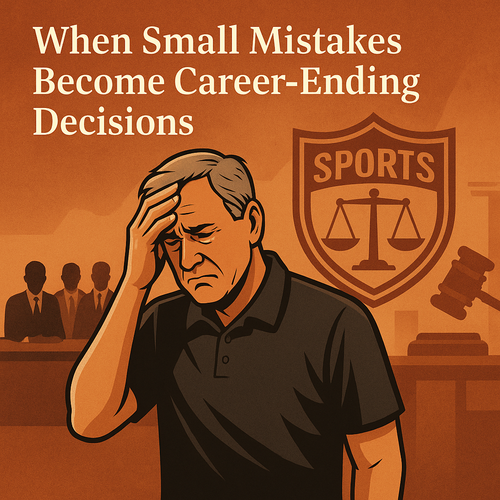 A distressed male sports coach in a dark polo shirt holds his head in frustration, standing in front of a background showing faceless figures in suits at a tribunal table, a gavel, and a sports emblem with legal scales—symbolizing the high-stakes consequences of small mistakes in the sports industry.