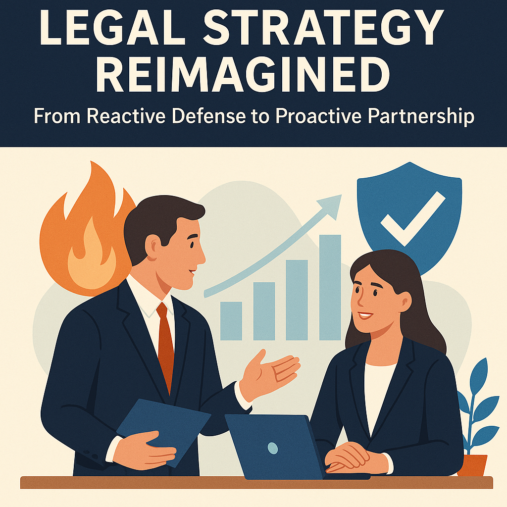 A flat-style digital illustration shows a business meeting between a man and a woman in professional attire. The man gestures while holding a tablet, and the woman smiles with her hands on a laptop. Behind them, a flame symbol represents reactive legal challenges, while a rising bar chart and a shield with a checkmark symbolize proactive legal strategy. The background blends warm and cool tones, and the title above reads “LEGAL STRATEGY REIMAGINED: From Reactive Defense to Proactive Partnership.
