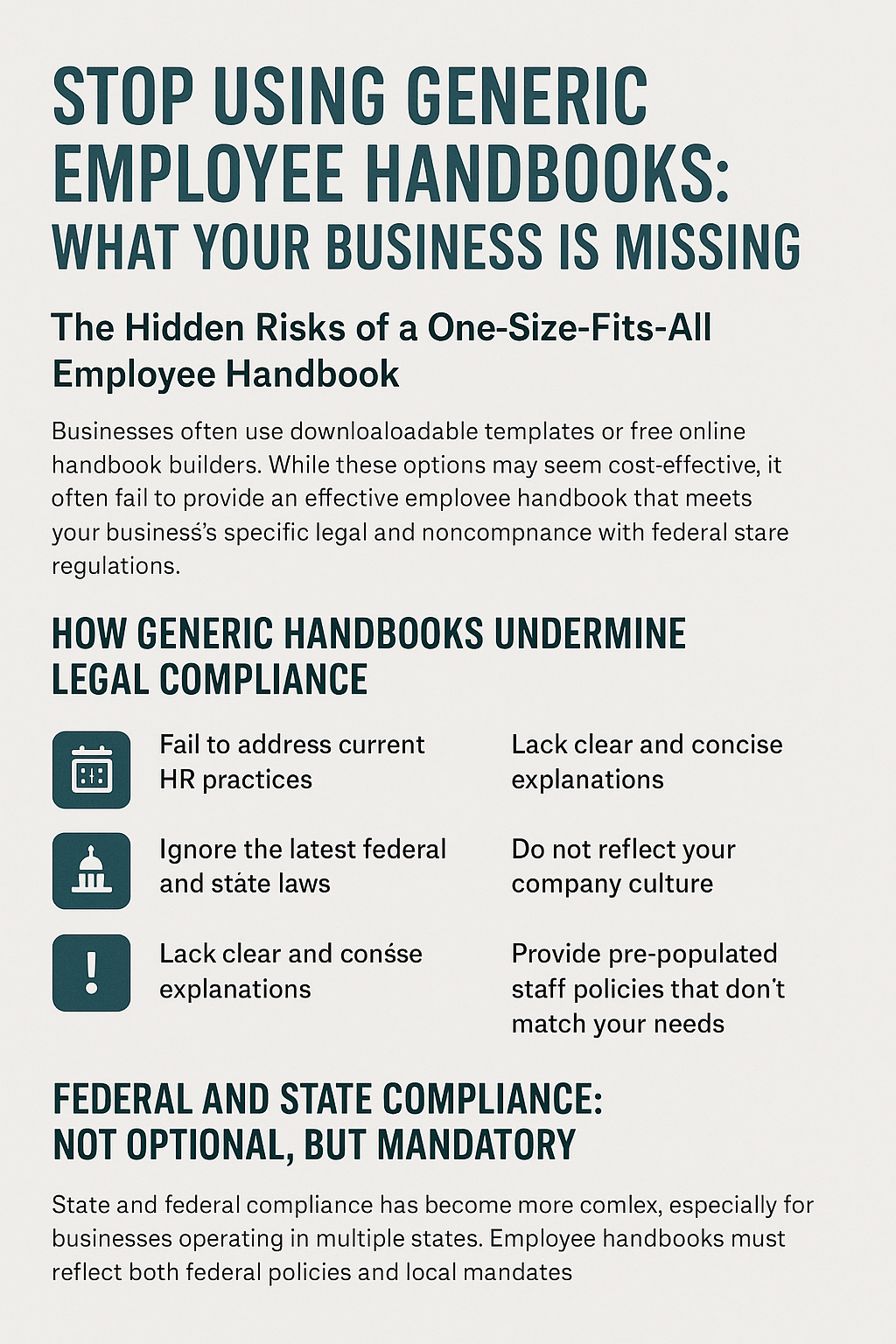 Informational graphic titled 'Stop Using Generic Employee Handbooks: What Your Business Is Missing.' It highlights the risks of using one-size-fits-all templates, including failure to address current HR practices, ignore state and federal laws, lack of clarity, and mismatched policies. The graphic emphasizes the importance of legal compliance and customizing handbooks to reflect company culture and specific legal needs.