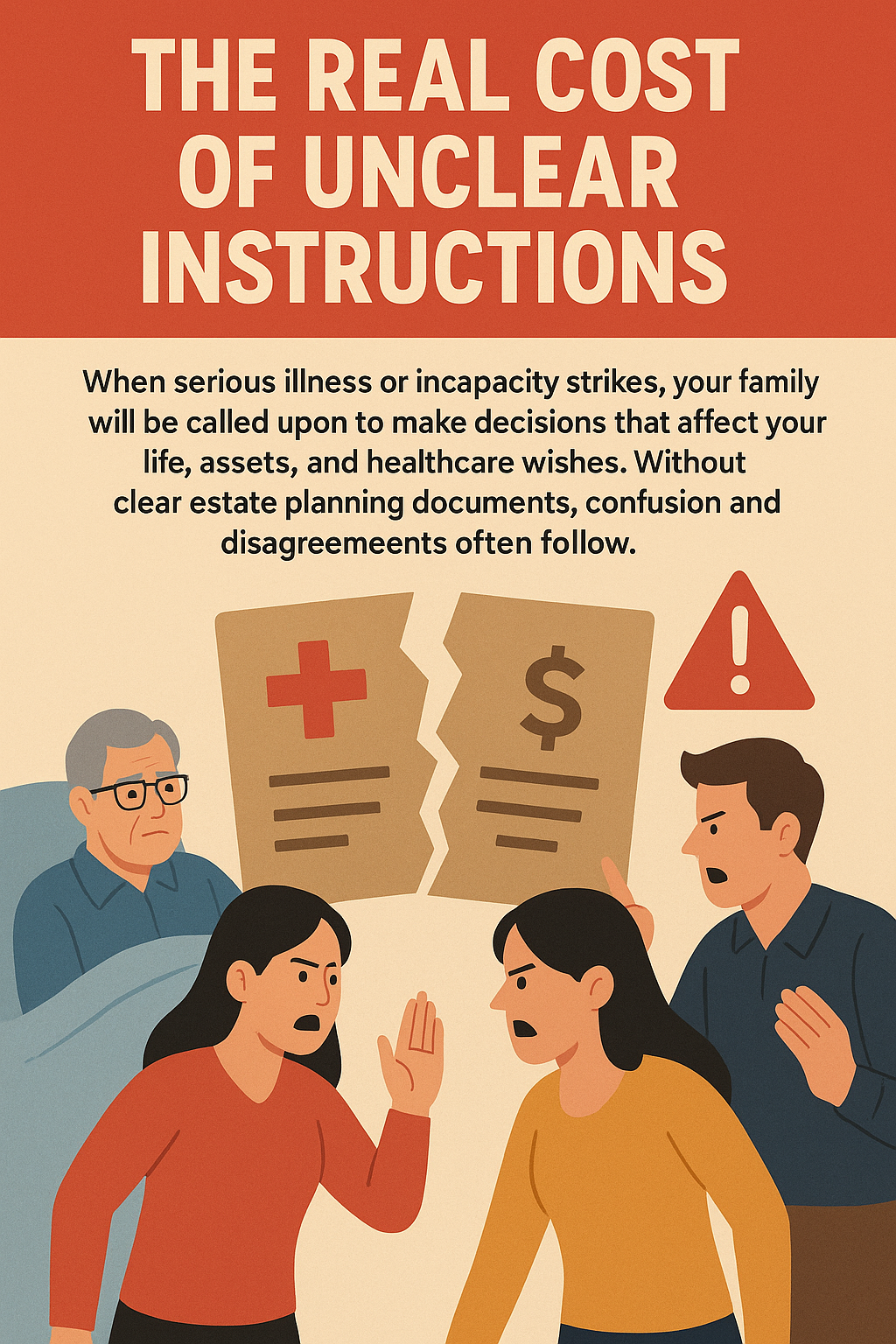 Infographic titled “The Real Cost of Unclear Instructions.” The top section has bold white text on a red background. Below, black text explains that when serious illness or incapacity strikes, families must make decisions about healthcare and assets, and without clear estate planning documents, confusion and disagreements follow. An illustration shows an elderly man in a hospital bed watching three family members arguing intensely. Two torn papers hover above them—one with a red medical cross and the other with a dollar sign—symbolizing uncertainty over medical and financial decisions. A red warning triangle emphasizes the risks.