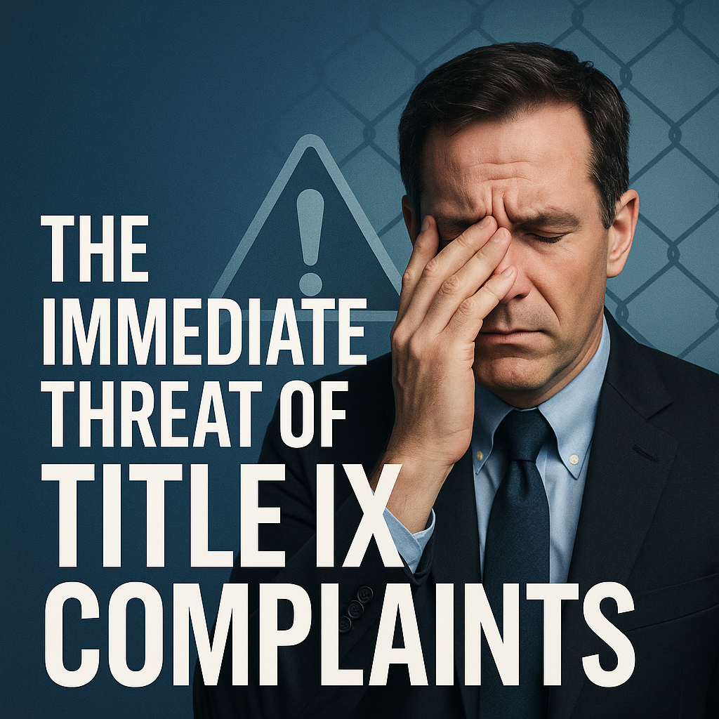 A concerned middle-aged man in a dark suit covers part of his face with his hand, conveying stress or anxiety. Bold white text beside him reads “THE IMMEDIATE THREAT OF TITLE IX COMPLAINTS” against a dark blue background with a faint warning sign and chain-link pattern, emphasizing urgency and legal seriousness.