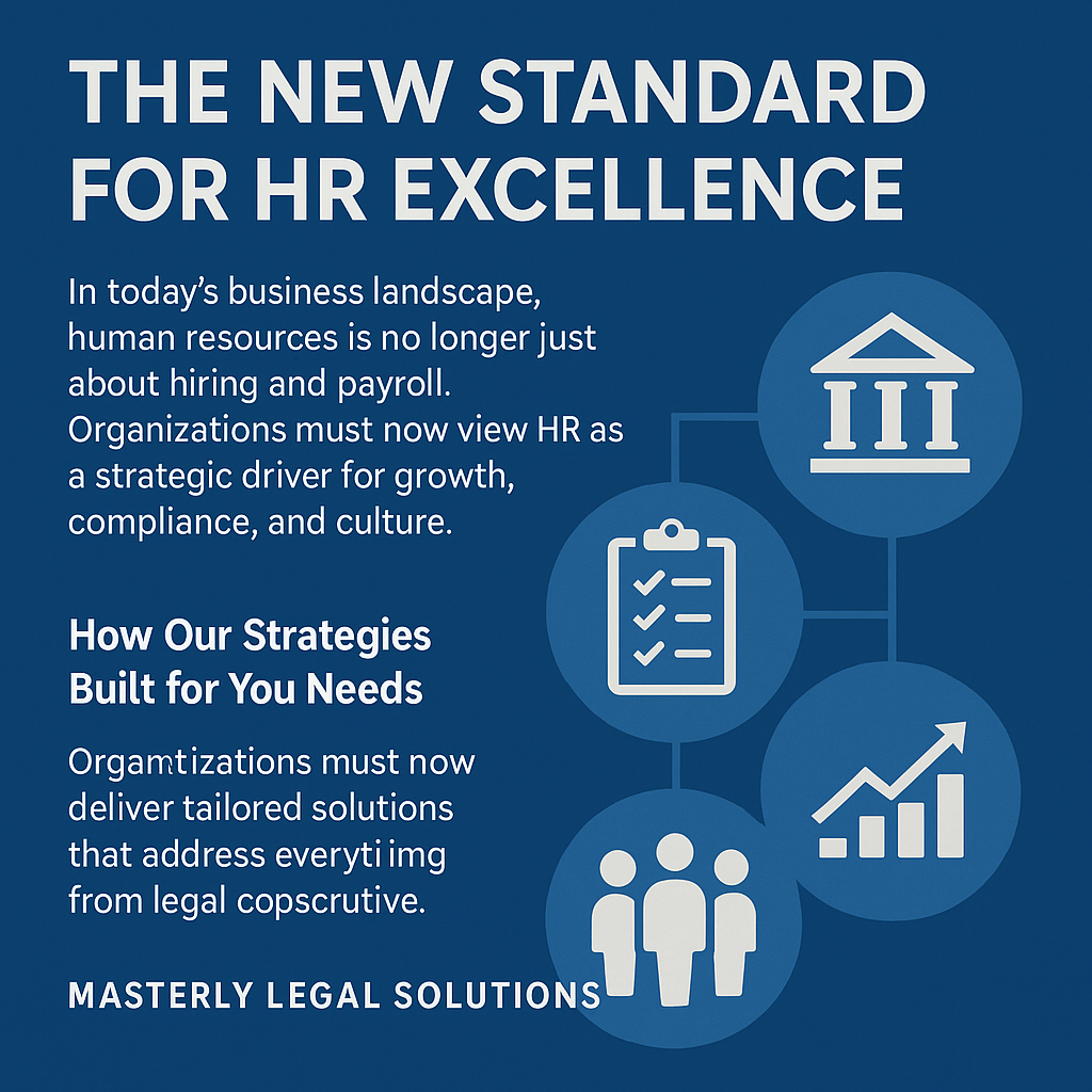 A 2D digital graphic design titled “The New Standard for HR Excellence” features a clean, professional layout with a dark blue background. The left side presents white text explaining the evolving role of human resources as a strategic business driver. Key phrases like “How Our Strategies Built for You Needs” and “Masterly Legal Solutions” are emphasized in bold. On the right side, four circular icons—representing law, task management, employee teams, and growth charts—are visually connected to reinforce HR consulting themes.