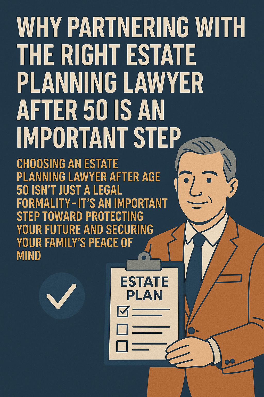 A promotional digital graphic design features a dark blue background with bold beige and orange text that reads: “WHY PARTNERING WITH THE RIGHT ESTATE PLANNING LAWYER AFTER 50 IS AN IMPORTANT STEP.” Below, orange subtext emphasizes the importance of choosing an estate planning lawyer to protect your future and secure peace of mind. On the right side, a confident middle-aged man in an orange suit and navy tie holds a clipboard labeled “ESTATE PLAN” with checkboxes. A large checkmark icon sits to the left, symbolizing informed decision-making. The design uses a clean, modern style to convey professionalism and urgency.