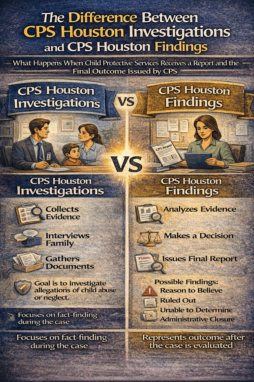 The Difference Between CPS Houston Investigations and CPS Houston Findings,” showing a side-by-side comparison between the CPS investigation phase—where investigators collect evidence, interview family members, and gather documents—and the CPS findings phase, where the agency analyzes the evidence, makes a determination, and issues a final report such as reason to believe, ruled out, unable to determine, or administrative closure.