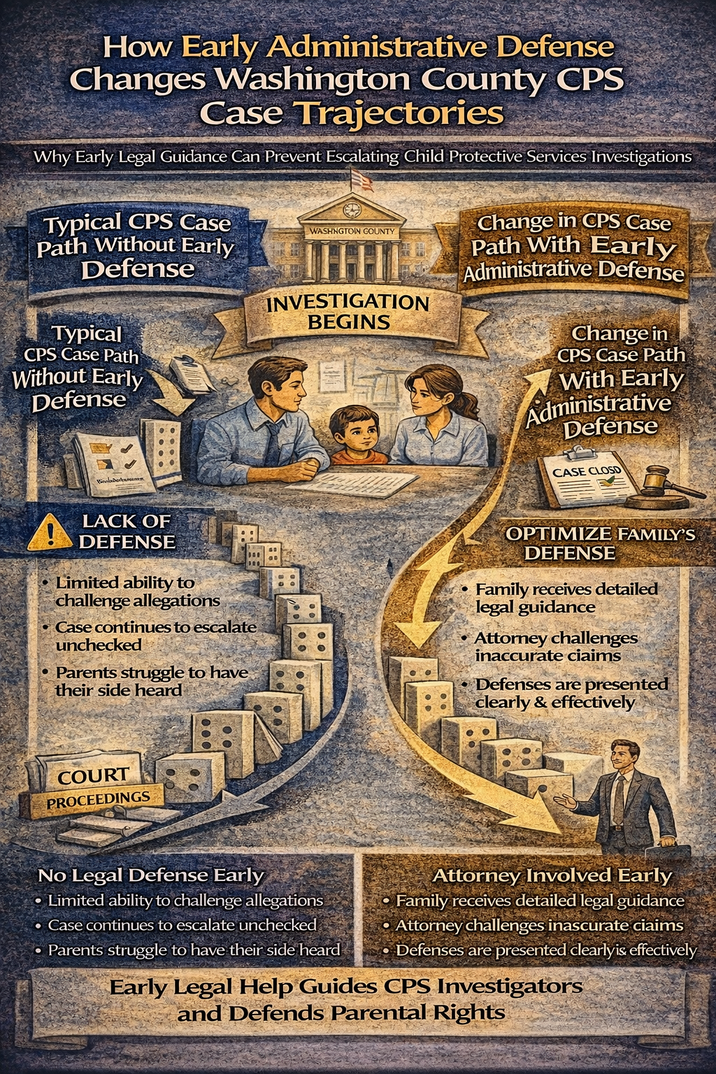How Early Administrative Defense Changes Washington County CPS Case Trajectories,” illustrating how early legal representation during a CPS investigation can alter the outcome of a case, comparing a path without early defense—leading to escalating allegations and possible court proceedings—with a path where an attorney intervenes early to challenge claims, present evidence, and help protect parental rights and stabilize the family situation.