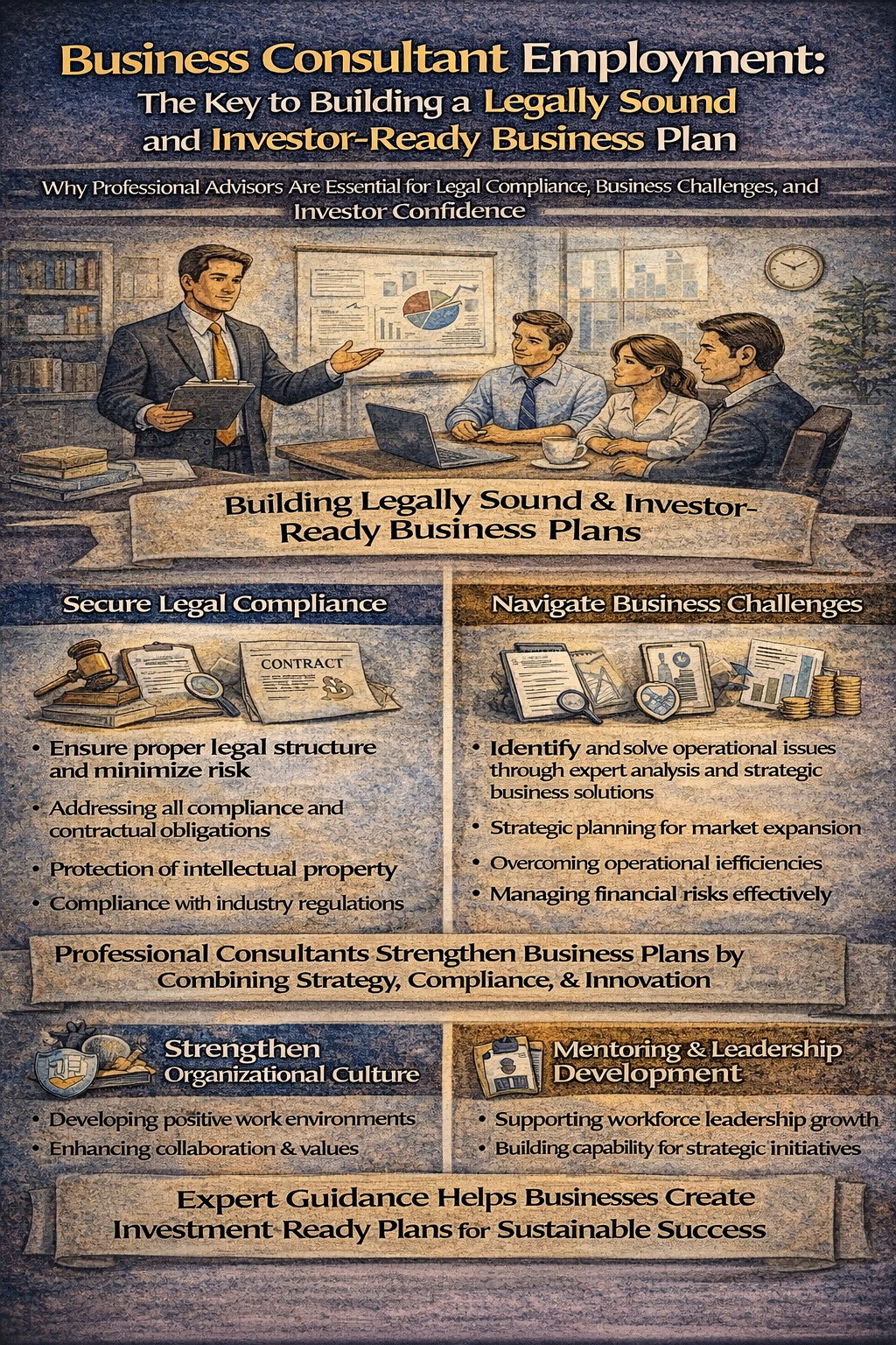 Business Consultant Employment: The Key to Building a Legally Sound and Investor-Ready Business Plan,” showing how professional business consultants help organizations develop compliant and investor-ready strategies by addressing legal structure, operational challenges, leadership development, and organizational culture to support sustainable business growth.