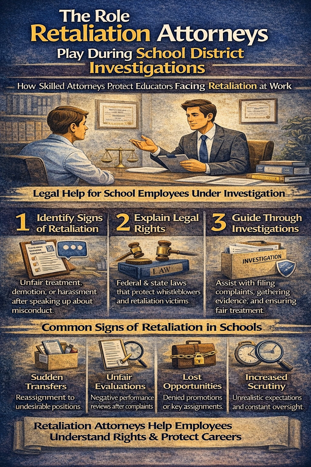 Infographic explaining the role retaliation attorneys play during school district investigations, showing how lawyers help educators identify signs of workplace retaliation, understand federal and state legal protections, and navigate investigations while highlighting common retaliation signs such as sudden transfers, negative evaluations, lost opportunities, and increased scrutiny.
