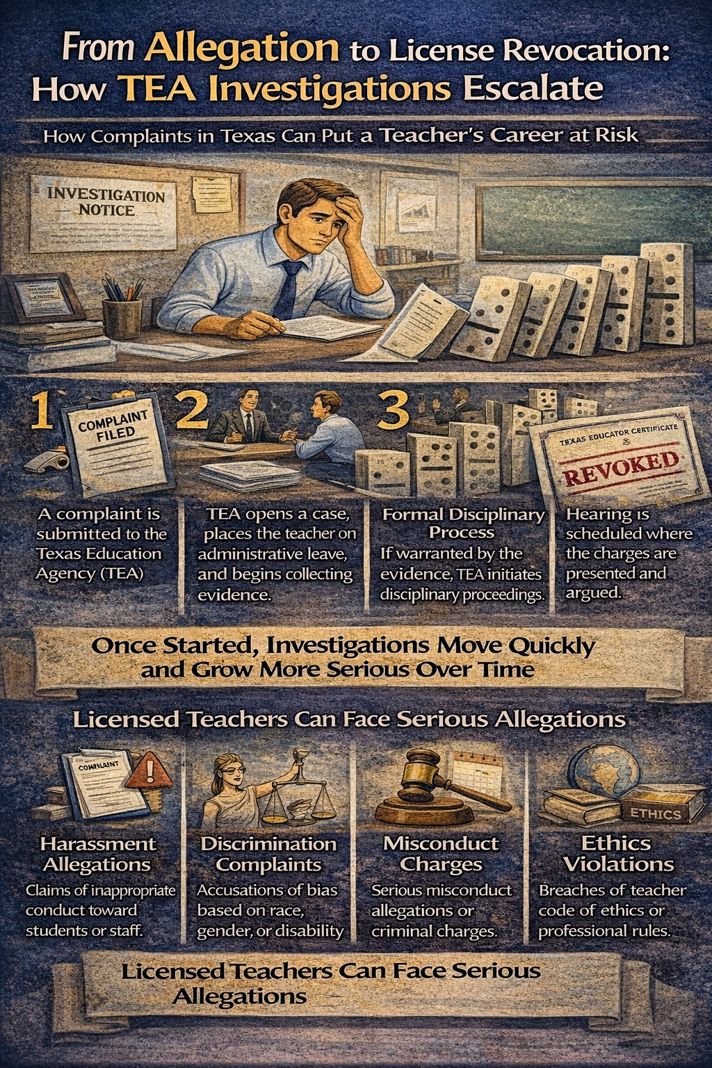 From Allegation to License Revocation: How TEA Investigations Escalate,” illustrating the investigation process for Texas educators, including steps such as complaint filed, TEA opening an investigation, administrative leave, formal disciplinary proceedings, and potential license revocation, along with common allegations like harassment, discrimination, misconduct, and ethics violations