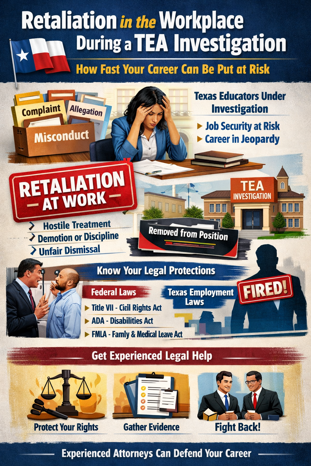 Infographic showing workplace retaliation risks during a Texas Education Agency (TEA) investigation, including job loss, demotion, hostile treatment, and legal protections under federal and Texas employment laws for educators.