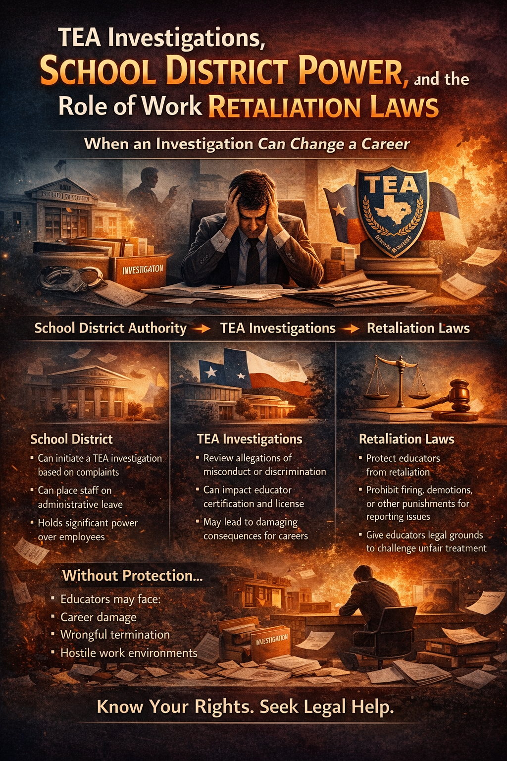 Infographic explaining TEA investigations, school district authority, and workplace retaliation laws, showing how complaints can lead to investigations, administrative leave, and potential career consequences for educators while highlighting legal protections against retaliation.