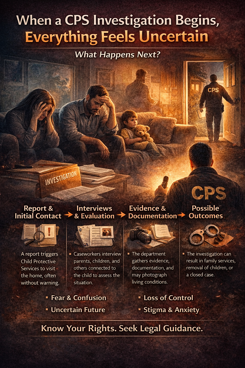 Infographic illustrating the stages of a CPS investigation, showing a distressed family, a child protective services caseworker, and the process from report and home visit to interviews, evidence review, and possible outcomes such as services, court involvement, or case closure.