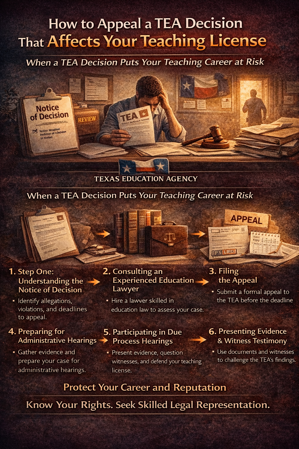Infographic showing the steps for appealing a Texas Education Agency (TEA) decision affecting a teaching license, including reviewing the notice of decision, consulting an education lawyer, filing the appeal, preparing for administrative hearings, participating in due process hearings, and presenting evidence to protect an educator’s career and reputation.