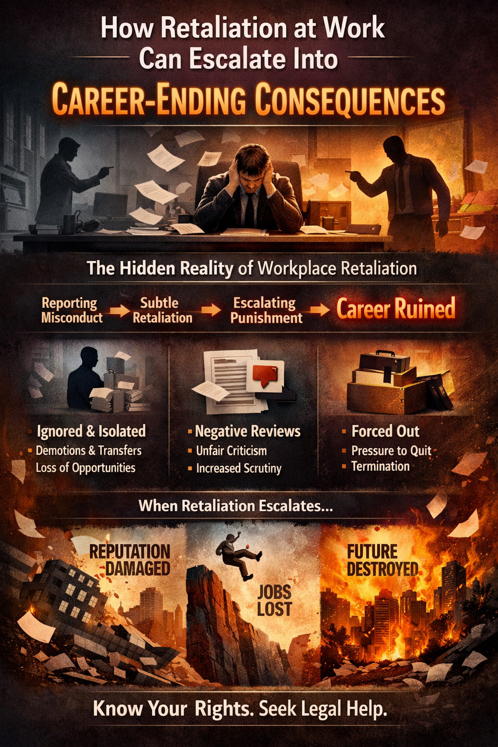Infographic showing how workplace retaliation escalates from reporting misconduct to subtle punishment, negative reviews, isolation, demotions, and termination, leading to career-ending consequences and damaged professional reputation.