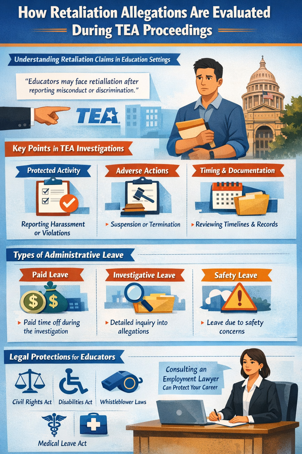 Infographic explaining how retaliation allegations are evaluated during Texas Education Agency (TEA) proceedings, including protected activity, adverse employment actions, timing and documentation review, types of administrative leave (paid leave, investigative leave, safety leave), and legal protections for educators such as the Civil Rights Act, Disabilities Act, whistleblower laws, and the Medical Leave Act.