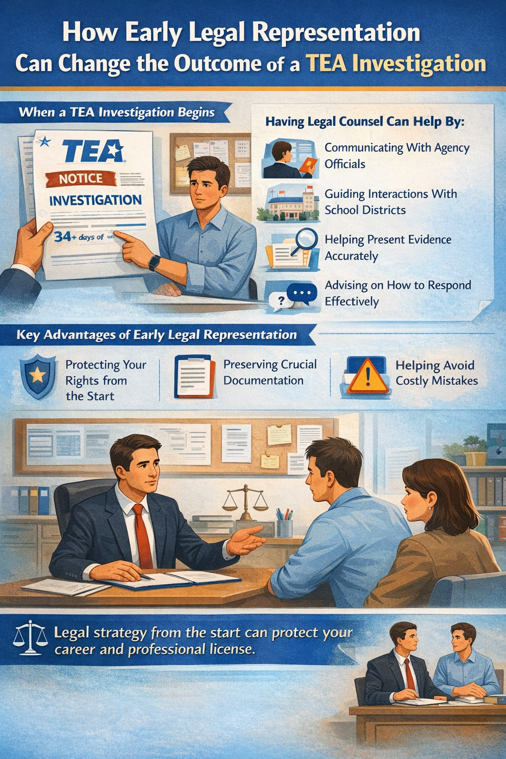 How Early Legal Representation Can Change the Outcome of a TEA Investigation,” showing how early legal counsel helps educators during Texas Education Agency investigations by guiding communication with agency officials, preserving evidence, advising on responses, and protecting professional licenses, with key benefits including protecting rights, preserving documentation, and avoiding costly mistakes.