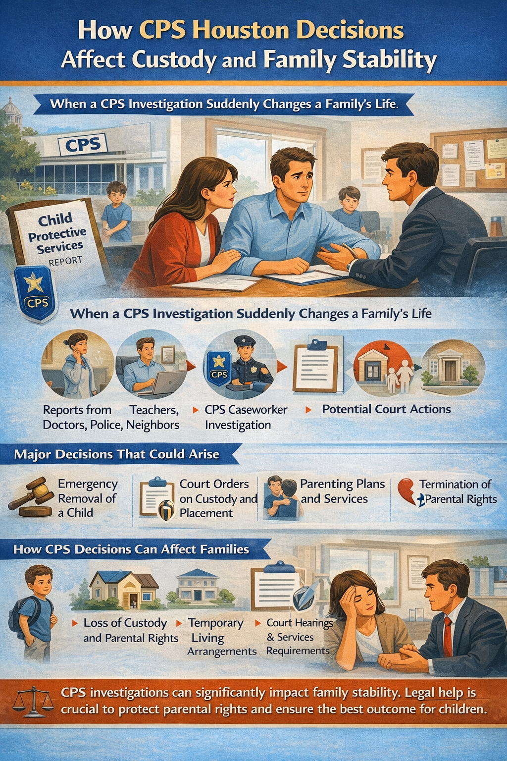 Infographic titled “How CPS Houston Decisions Affect Custody and Family Stability” illustrating how Child Protective Services investigations begin with reports from teachers, doctors, or neighbors, followed by a CPS caseworker investigation and possible court action, with outcomes such as emergency child removal, custody orders, parenting services, or termination of parental rights, and showing how CPS decisions can impact custody, living arrangements, and family stability.
