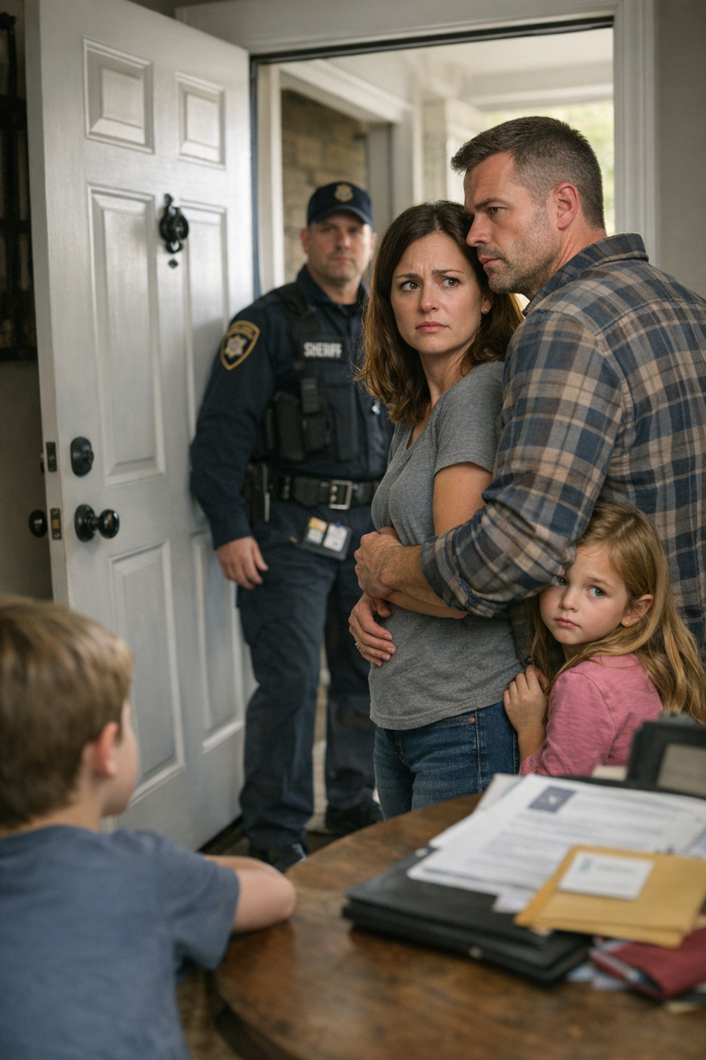 A worried family stands inside their home as a child protective services investigation begins, with a CPS worker and sheriff’s deputy visible at the open front door while the parents hold their children close.
