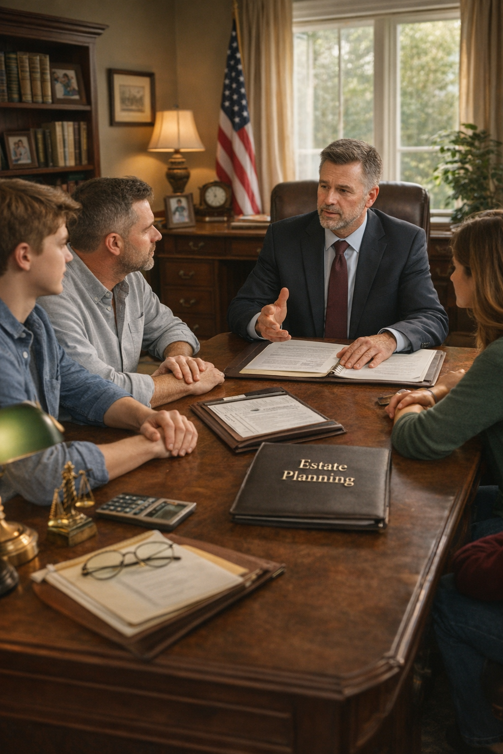 An estate planning attorney meets with a family in an office, reviewing documents and discussing wills and estate plans around a desk.