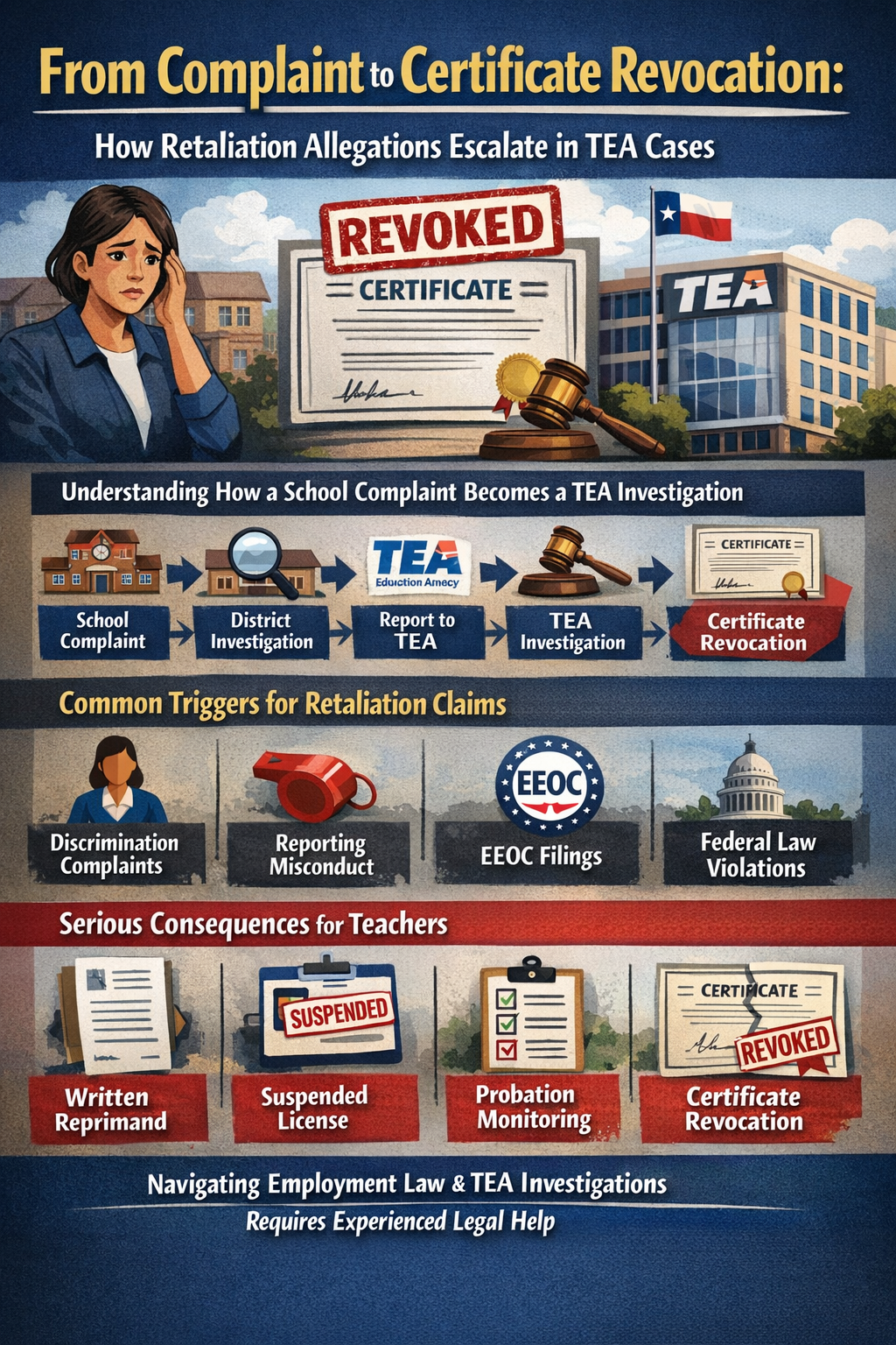 From Complaint to Certificate Revocation: How Retaliation Allegations Escalate in TEA Cases” showing the progression from a school complaint to district investigation, report to the Texas Education Agency (TEA), TEA investigation, and possible teacher certificate revocation. The graphic also highlights common retaliation triggers such as discrimination complaints, reporting misconduct, EEOC filings, and federal law violations, along with potential consequences for teachers including written reprimands, license suspension, probation monitoring, and certificate revocation.